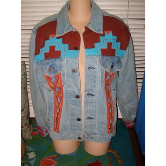 VINTAGE 80's UNISEX ARTIST SIGNED Southwestern HANDPAINTED Denim Jacket! 40R - Picture 7 of 9